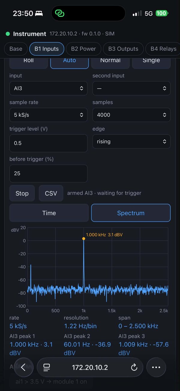 Phone spectrum of AI3: a tall line at 1 kHz and a small one at 60 Hz above a noise floor near −75 dBV