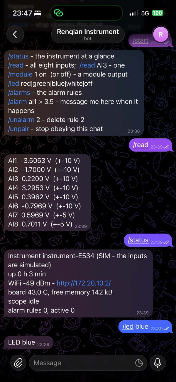 Telegram chat with the instrument bot: the command list, then replies to /read, /status and /led blue