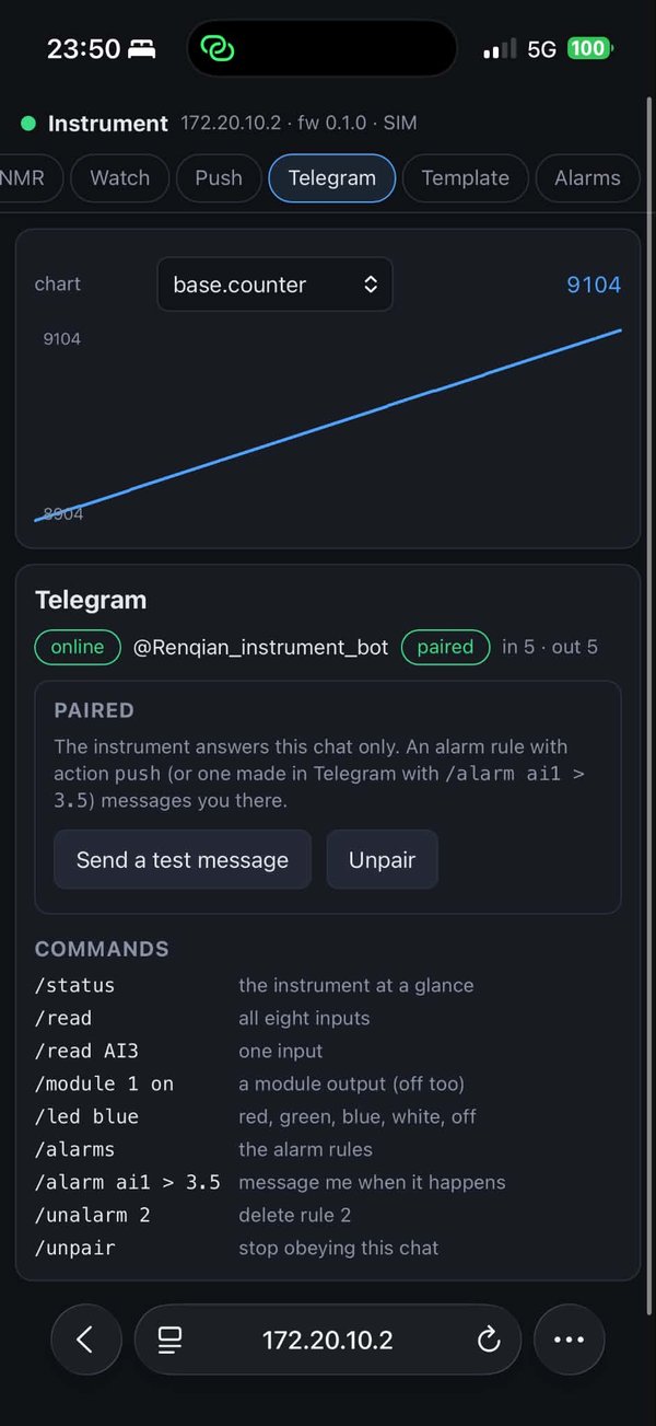 The instrument's Telegram tab: online, paired, and the list of commands