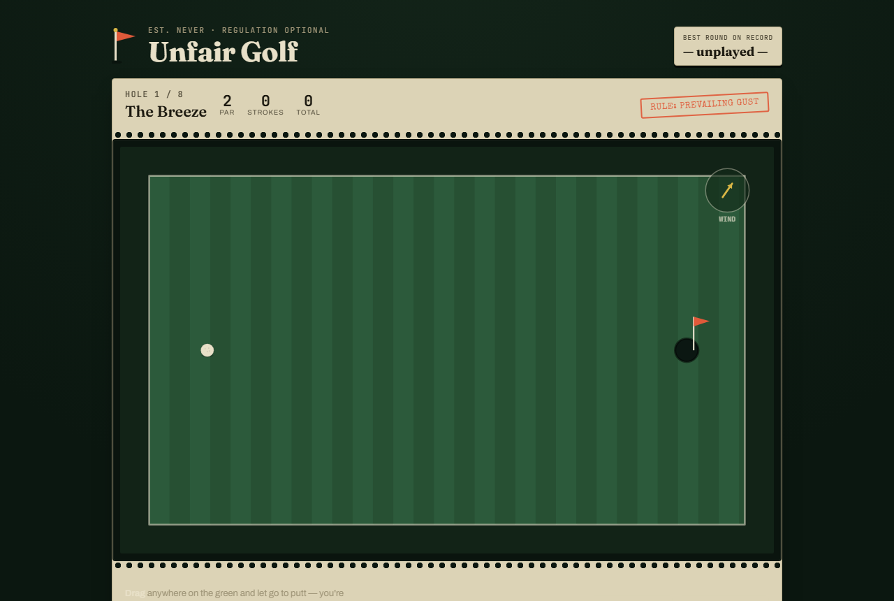 Unfair Golf gameplay: a golf ball on a striped fairway, aim line drawn, wind indicator in the corner, scorecard stamp reading a hole's broken rule.